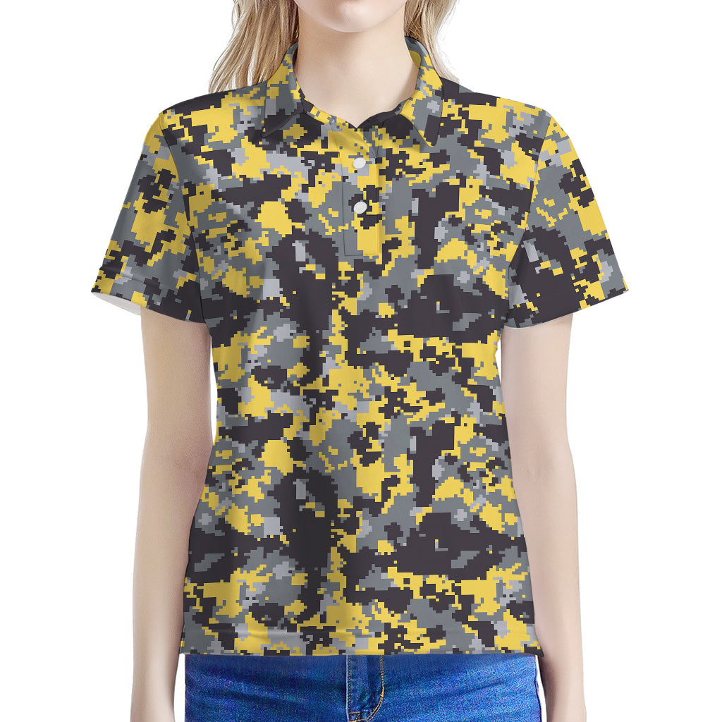 Yellow Black And Grey Digital Camo Print Women's Polo Shirt