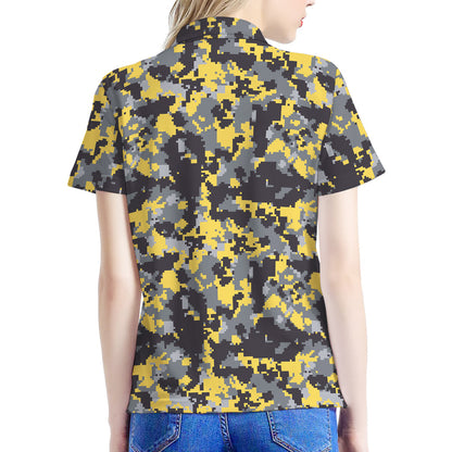 Yellow Black And Grey Digital Camo Print Women's Polo Shirt