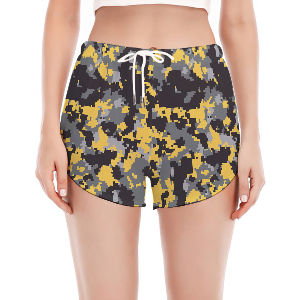 Yellow Black And Grey Digital Camo Print Women's Split Running Shorts