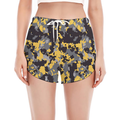 Yellow Black And Grey Digital Camo Print Women's Split Running Shorts