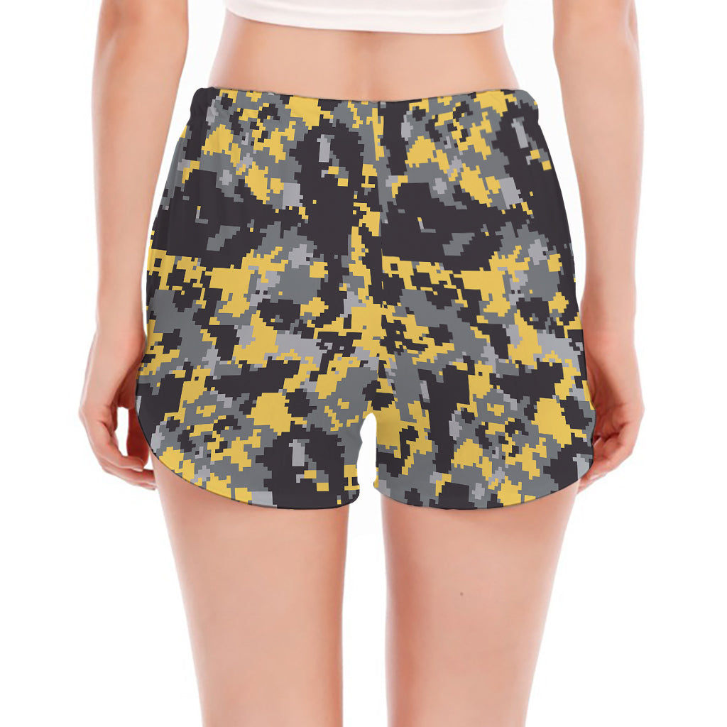 Yellow Black And Grey Digital Camo Print Women's Split Running Shorts