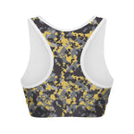 Yellow Black And Grey Digital Camo Print Women's Sports Bra