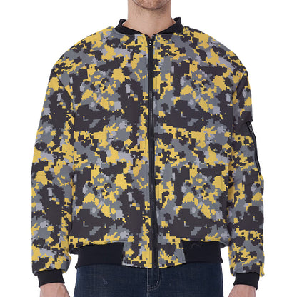 Yellow Black And Grey Digital Camo Print Zip Sleeve Bomber Jacket