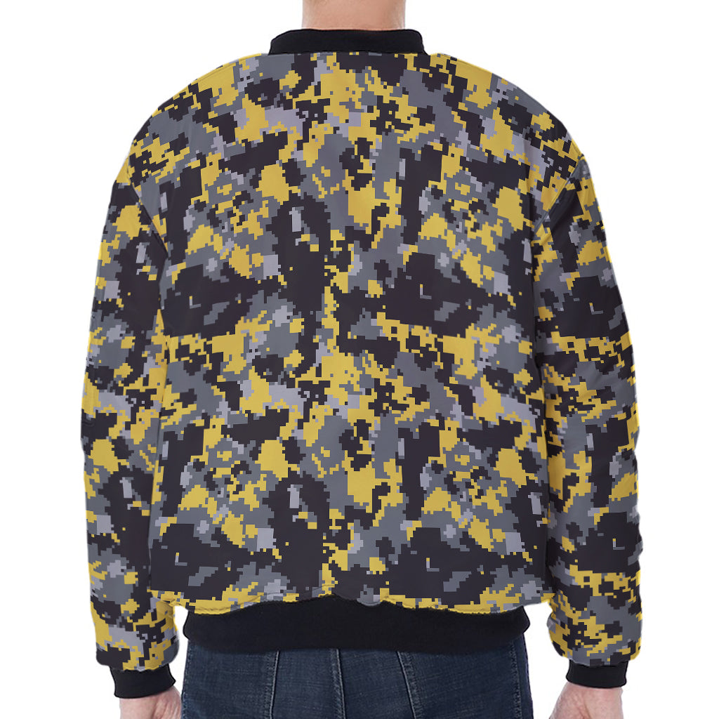 Yellow Black And Grey Digital Camo Print Zip Sleeve Bomber Jacket