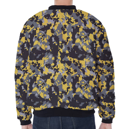 Yellow Black And Grey Digital Camo Print Zip Sleeve Bomber Jacket