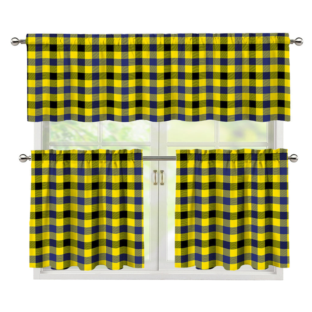 Yellow Black And Navy Plaid Print 3 Piece Kitchen Curtains