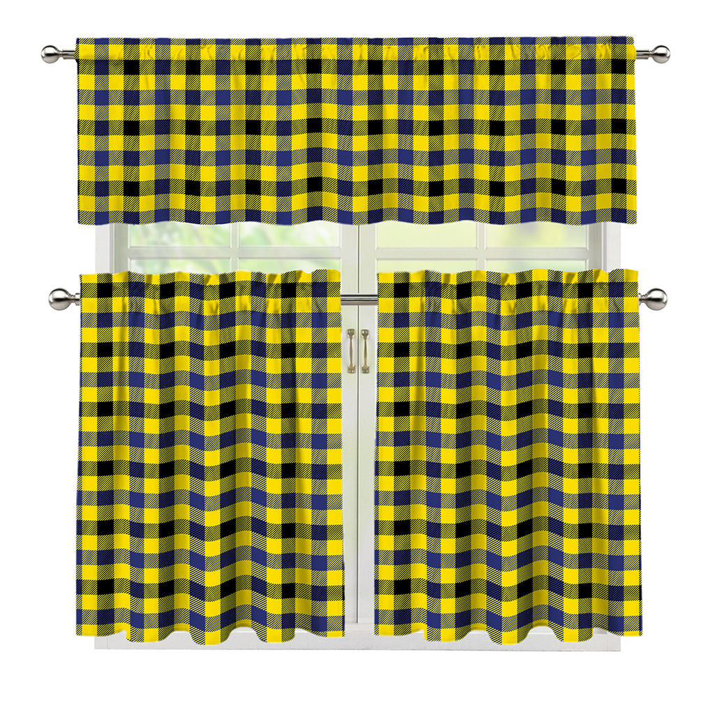 Yellow Black And Navy Plaid Print 3 Piece Kitchen Curtains