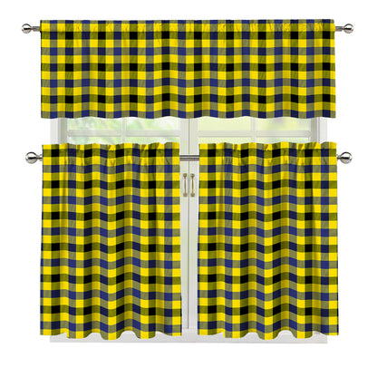 Yellow Black And Navy Plaid Print 3 Piece Kitchen Curtains