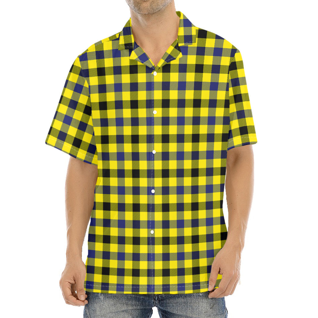 Yellow Black And Navy Plaid Print Aloha Shirt