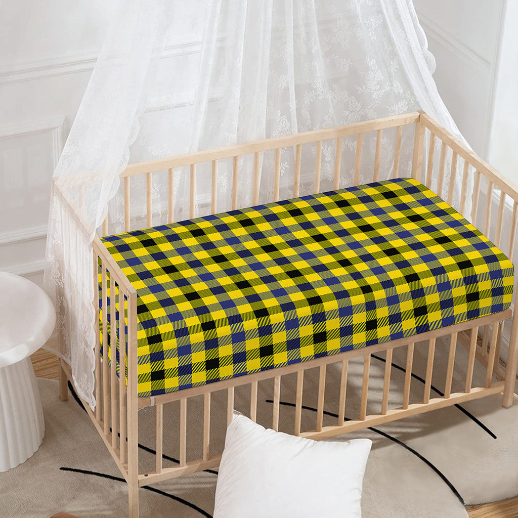 Yellow Black And Navy Plaid Print Baby Crib Sheet