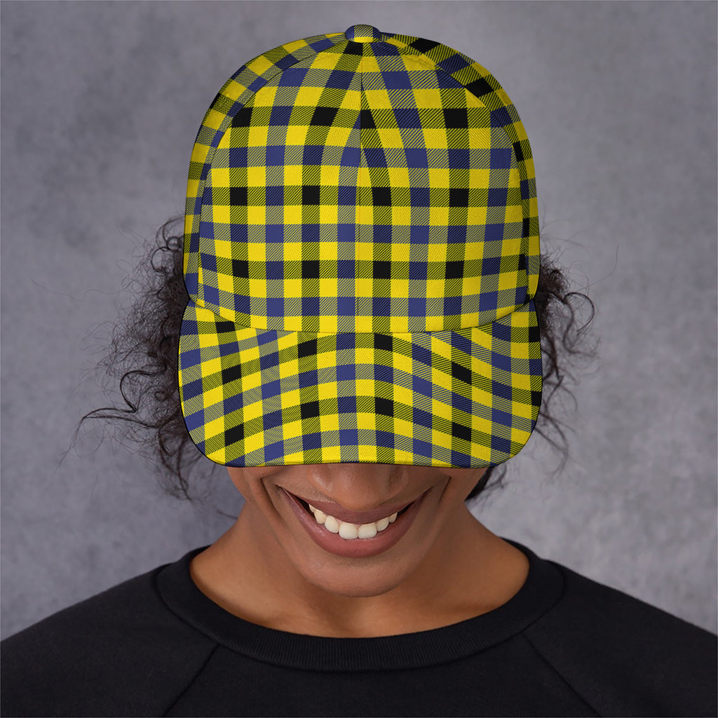 Yellow Black And Navy Plaid Print Baseball Cap
