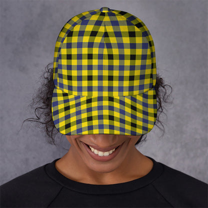 Yellow Black And Navy Plaid Print Baseball Cap