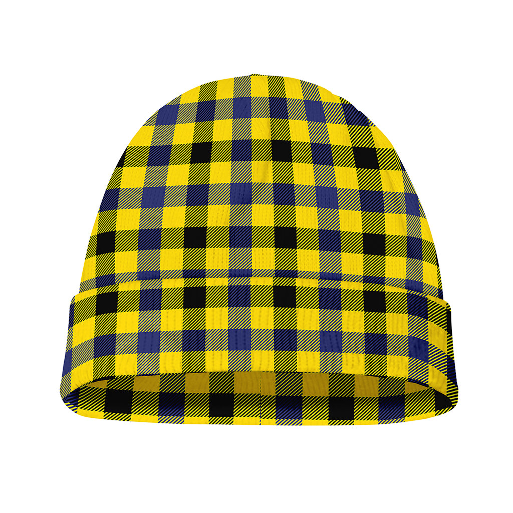 Yellow Black And Navy Plaid Print Beanie