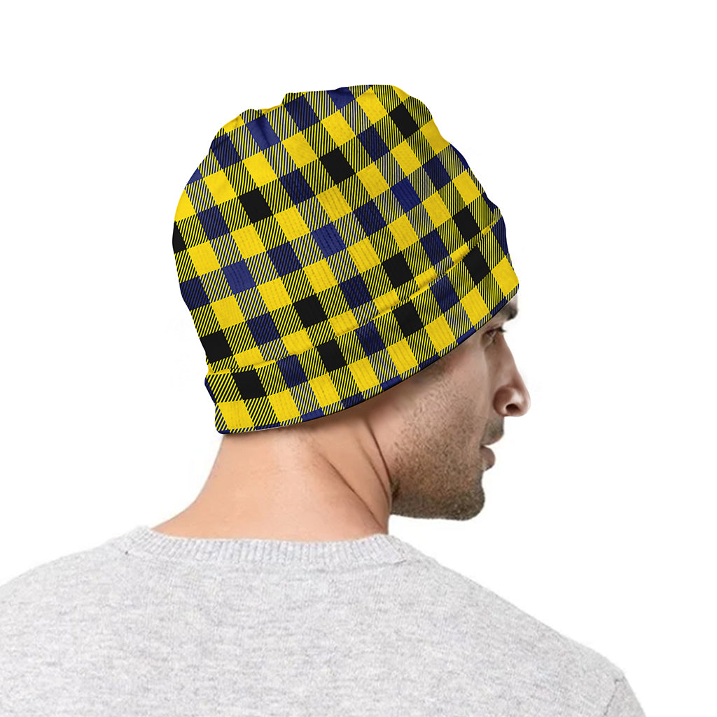 Yellow Black And Navy Plaid Print Beanie