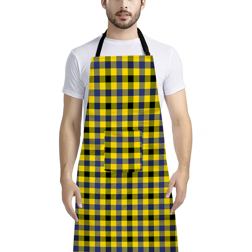 Yellow Black And Navy Plaid Print Bib Apron With Pocket