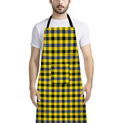 Yellow Black And Navy Plaid Print Bib Apron With Pocket