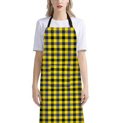 Yellow Black And Navy Plaid Print Bib Apron With Pocket