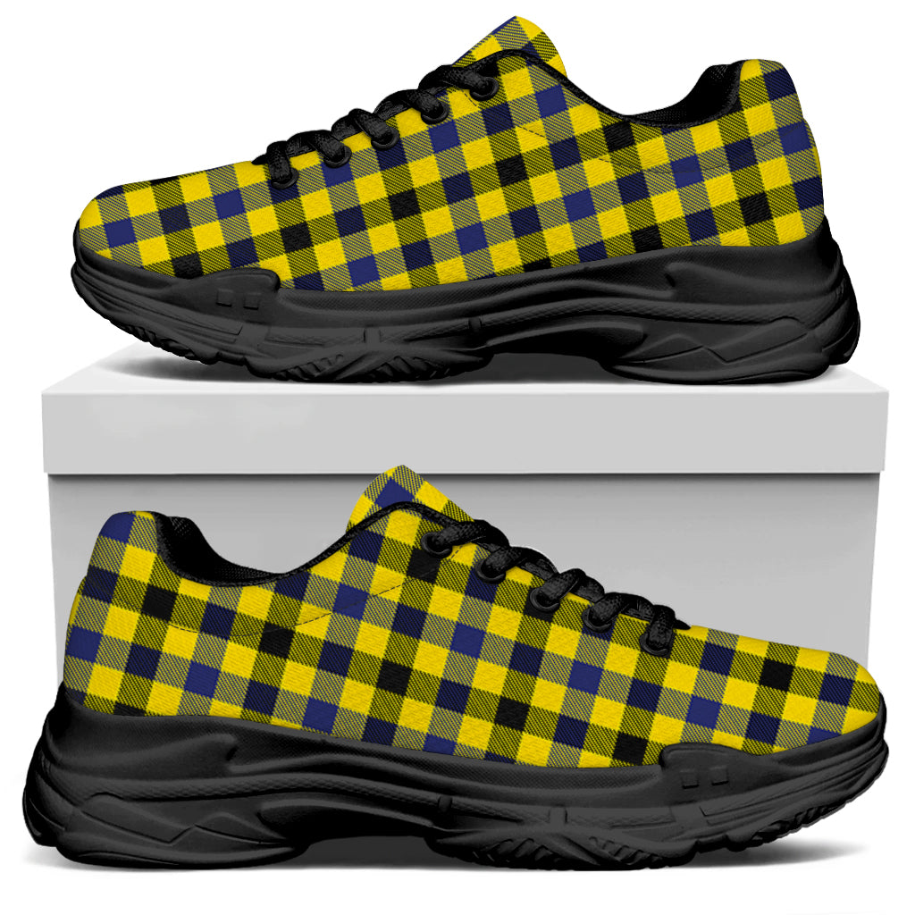 Yellow Black And Navy Plaid Print Black Chunky Shoes