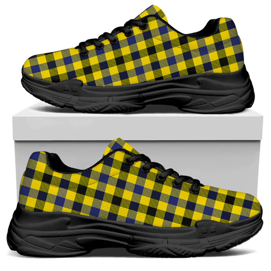 Yellow Black And Navy Plaid Print Black Chunky Shoes