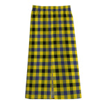 Yellow Black And Navy Plaid Print Cotton Front Slit Maxi Skirt