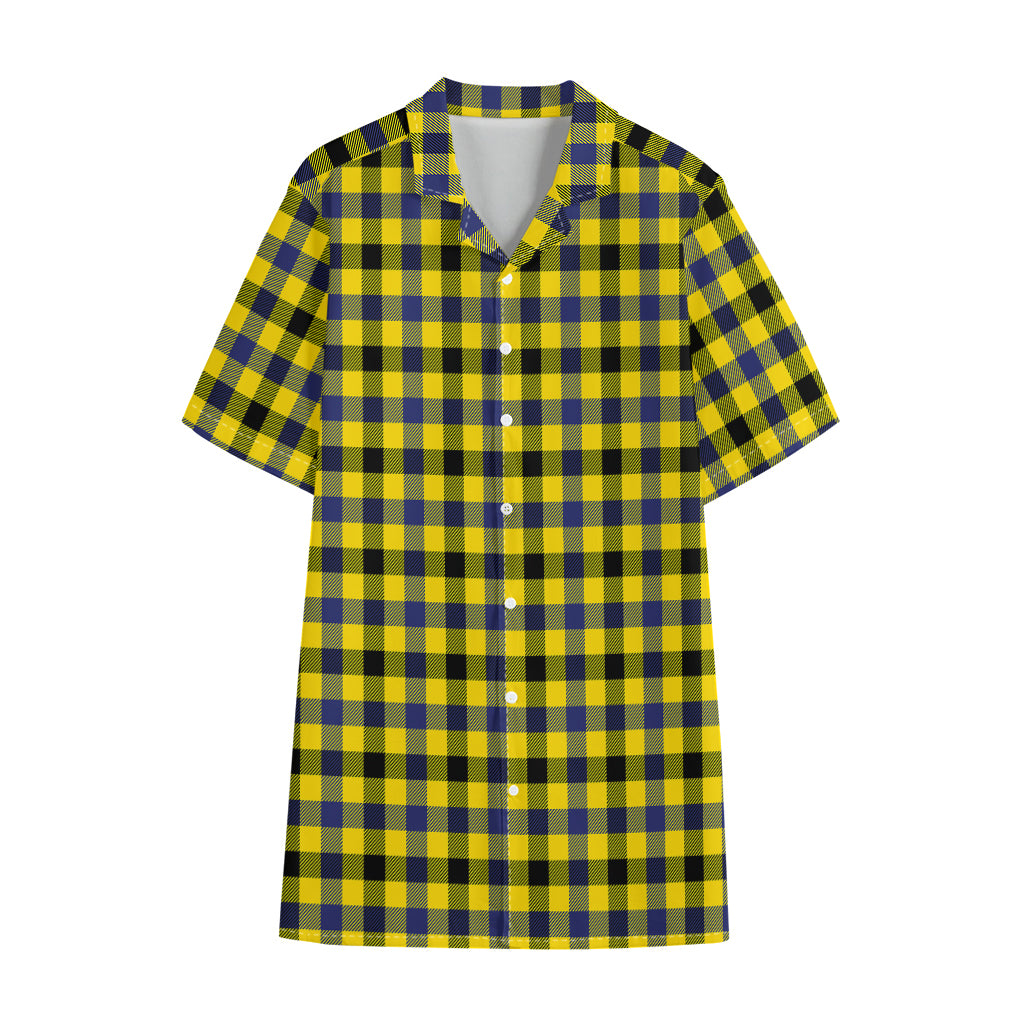 Yellow Black And Navy Plaid Print Cotton Hawaiian Shirt