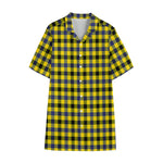 Yellow Black And Navy Plaid Print Cotton Hawaiian Shirt