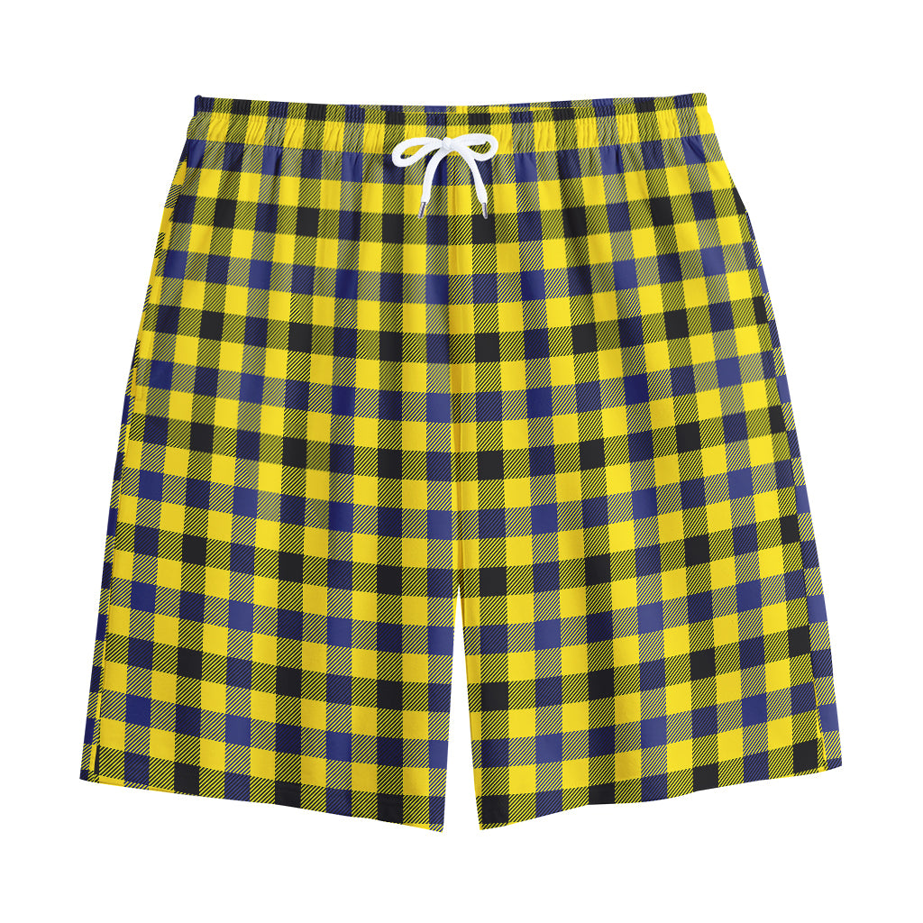 Yellow Black And Navy Plaid Print Cotton Shorts