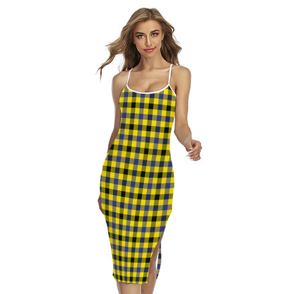 Yellow Black And Navy Plaid Print Cross Back Cami Dress