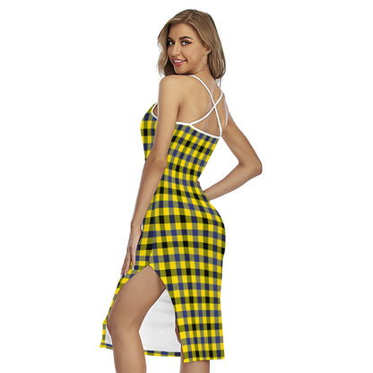 Yellow Black And Navy Plaid Print Cross Back Cami Dress