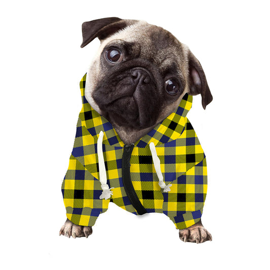 Yellow Black And Navy Plaid Print Dog Zip Up Hoodie
