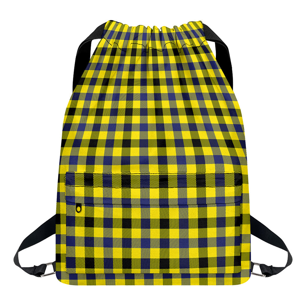 Yellow Black And Navy Plaid Print Drawstring Backpack