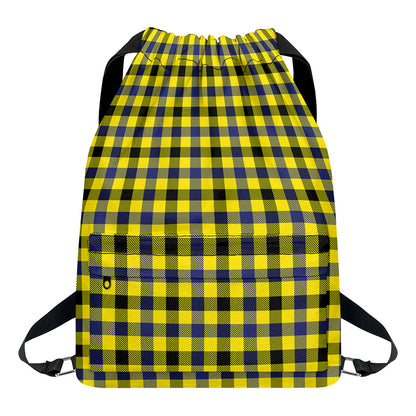 Yellow Black And Navy Plaid Print Drawstring Backpack