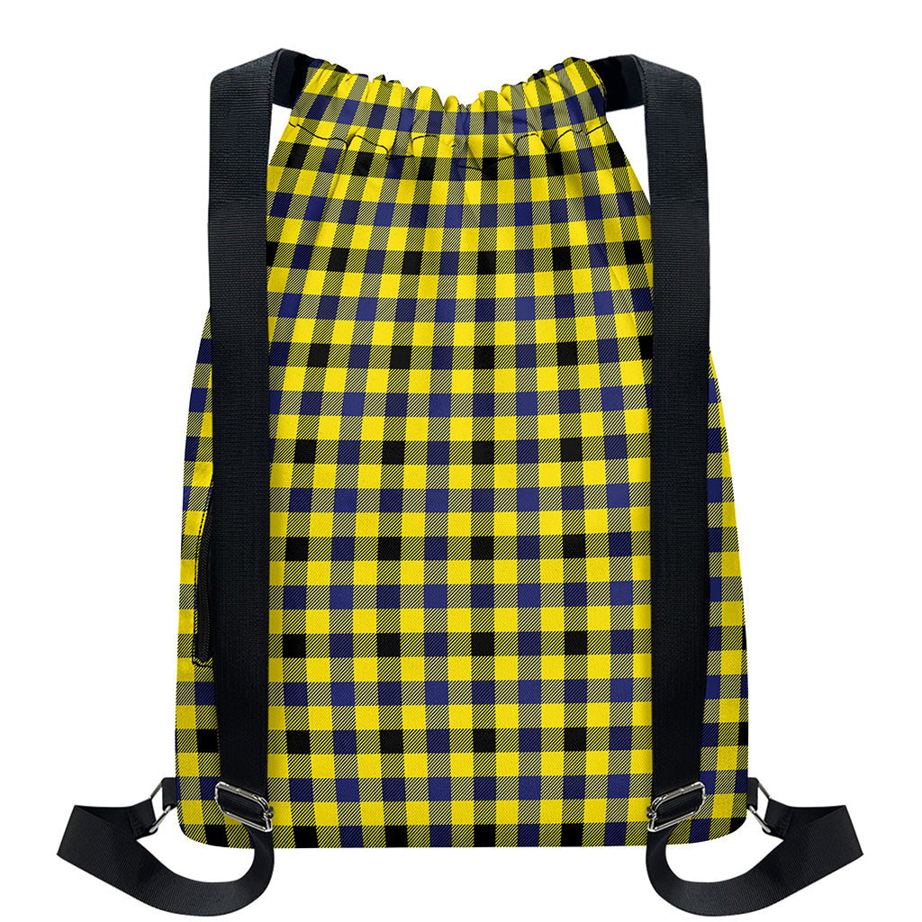 Yellow Black And Navy Plaid Print Drawstring Backpack