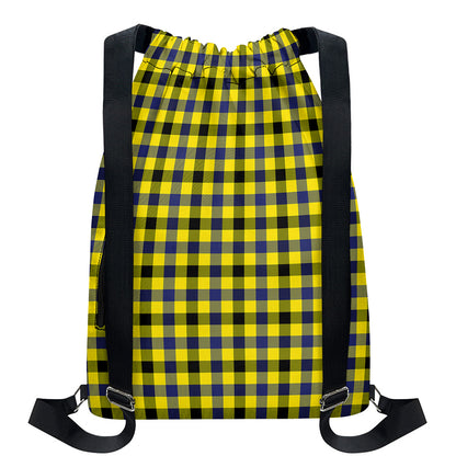 Yellow Black And Navy Plaid Print Drawstring Backpack