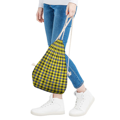 Yellow Black And Navy Plaid Print Drawstring Bag
