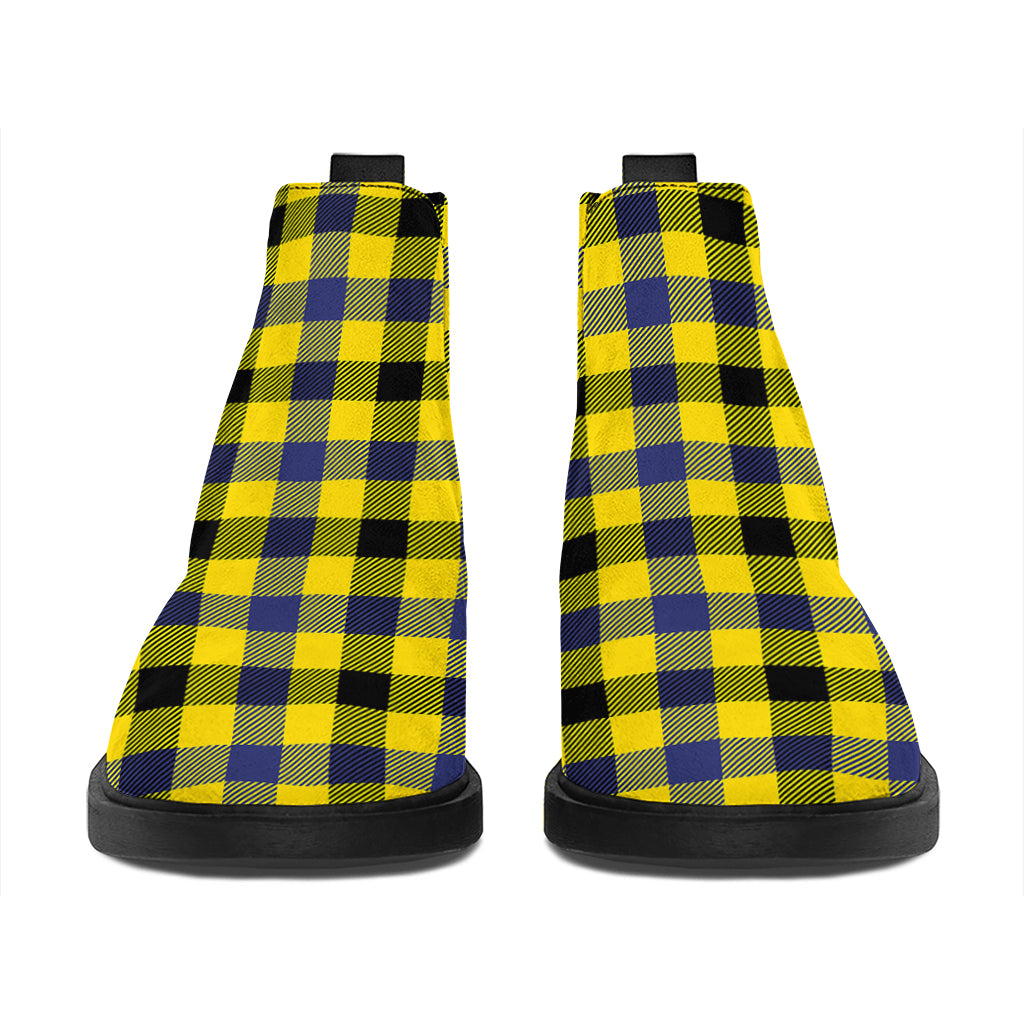 Yellow Black And Navy Plaid Print Flat Ankle Boots