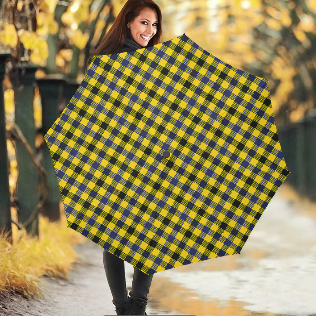 Yellow Black And Navy Plaid Print Foldable Umbrella