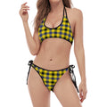 Yellow Black And Navy Plaid Print Halter Scoop Tie Side Bikini