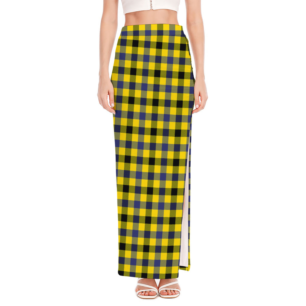 Yellow Black And Navy Plaid Print High Slit Maxi Skirt