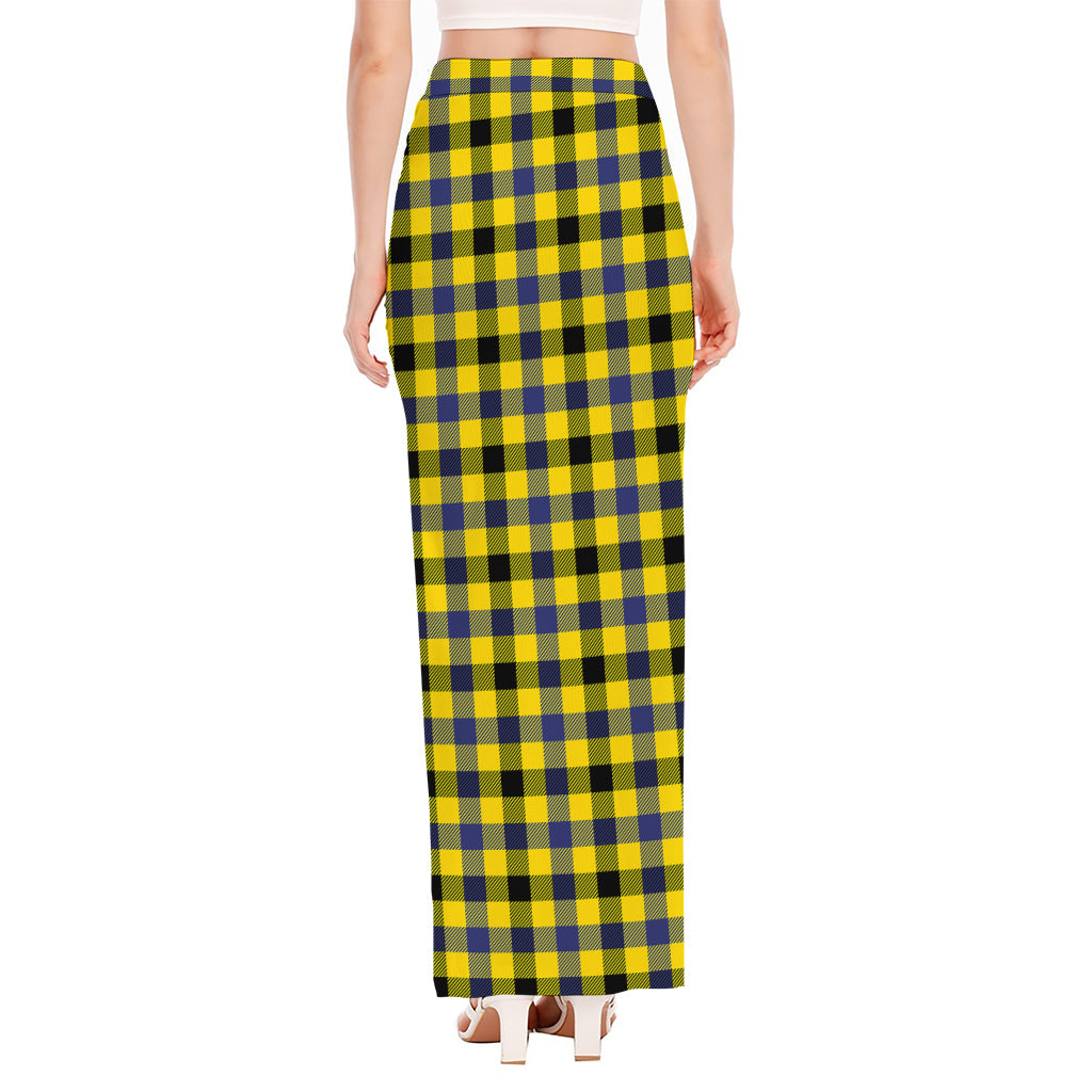 Yellow Black And Navy Plaid Print High Slit Maxi Skirt