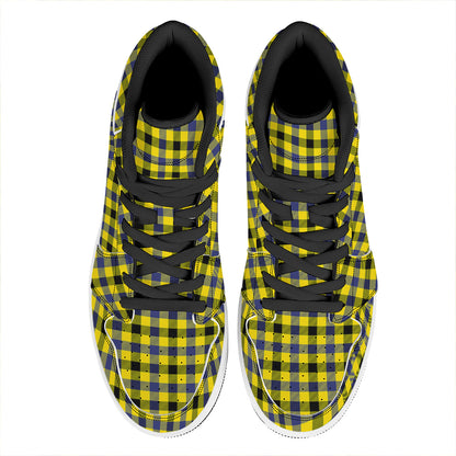 Yellow Black And Navy Plaid Print High Top Leather Sneakers