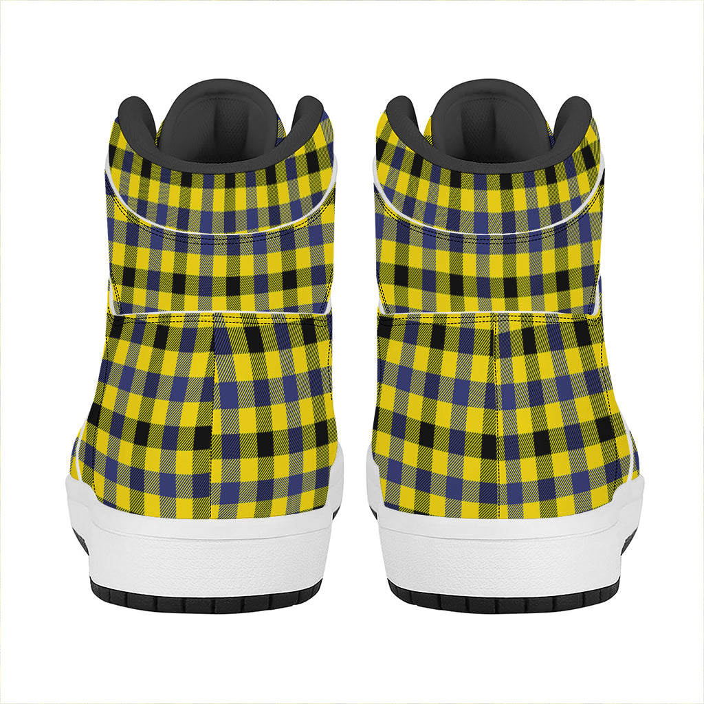 Yellow Black And Navy Plaid Print High Top Leather Sneakers