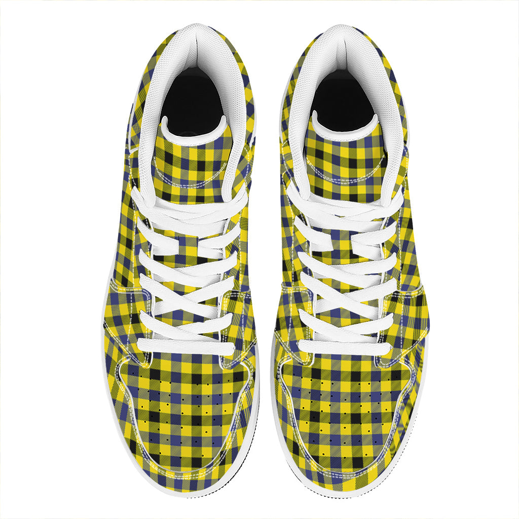 Yellow Black And Navy Plaid Print High Top Leather Sneakers