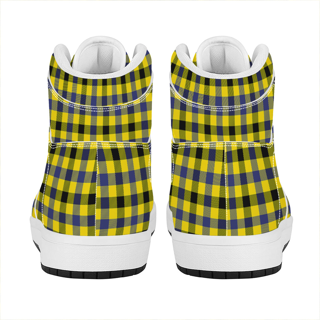 Yellow Black And Navy Plaid Print High Top Leather Sneakers
