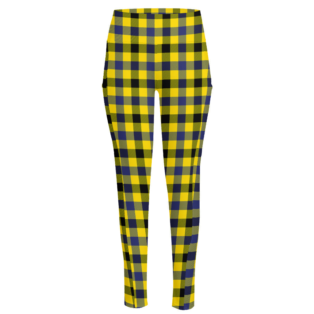 Yellow Black And Navy Plaid Print High-Waisted Pocket Leggings