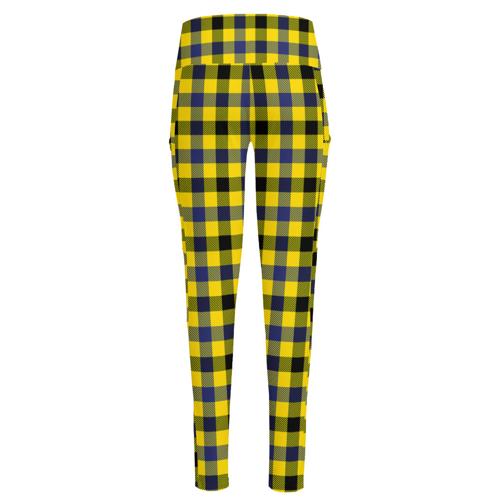 Yellow Black And Navy Plaid Print High-Waisted Pocket Leggings