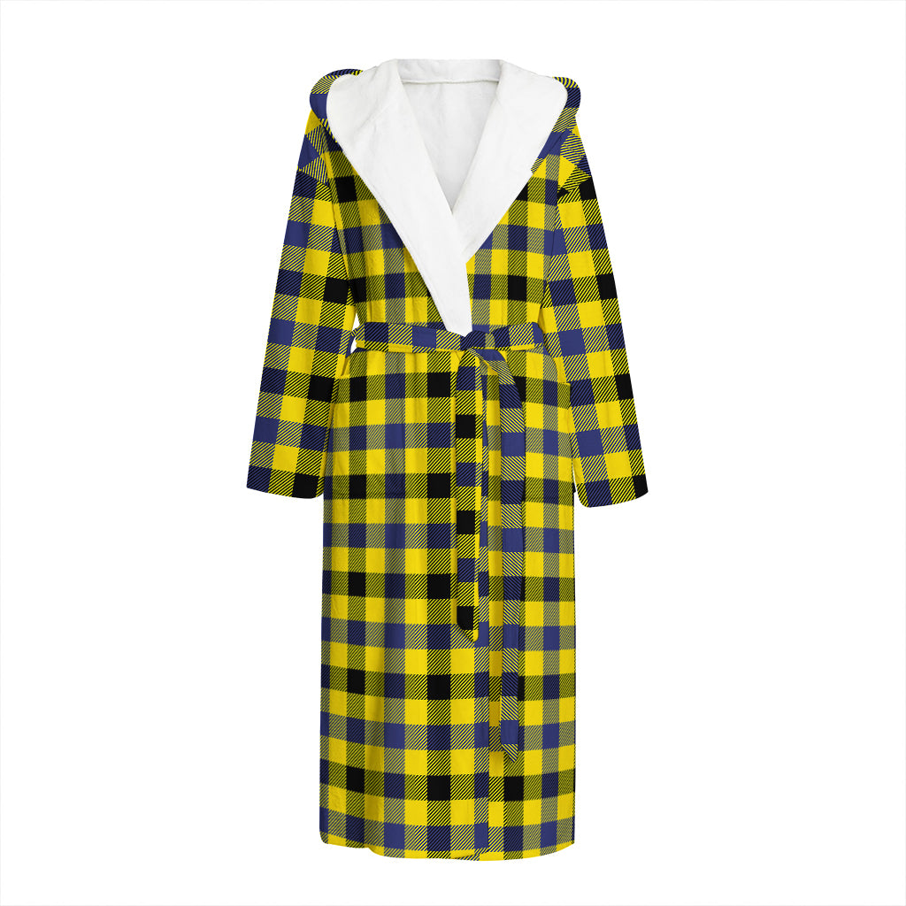 Yellow Black And Navy Plaid Print Hooded Bathrobe