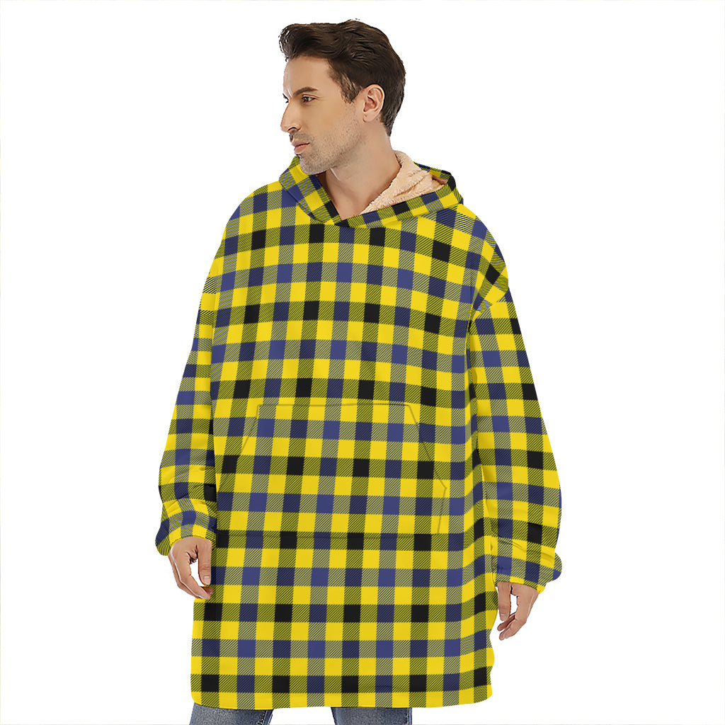 Yellow Black And Navy Plaid Print Hoodie Blanket
