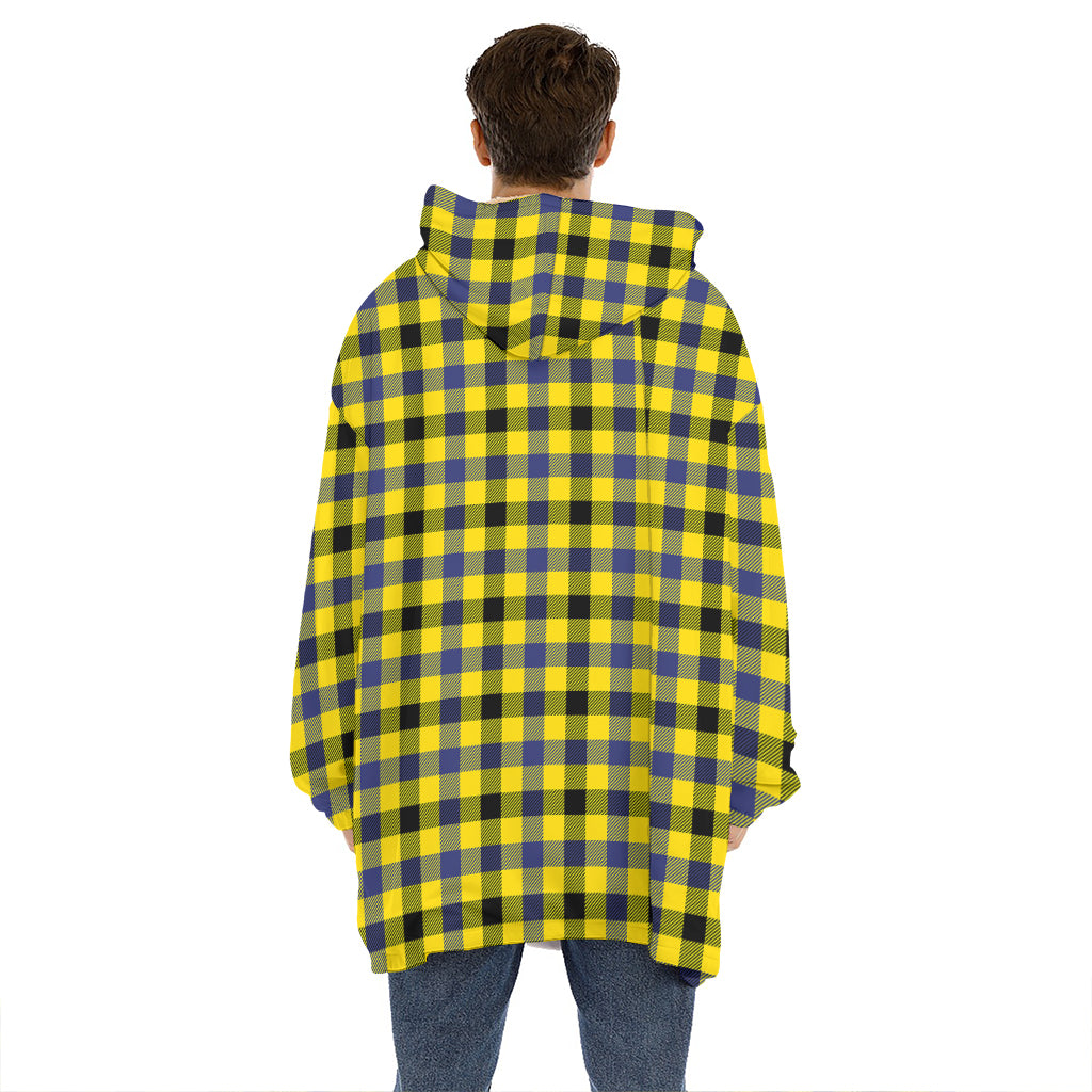 Yellow Black And Navy Plaid Print Hoodie Blanket