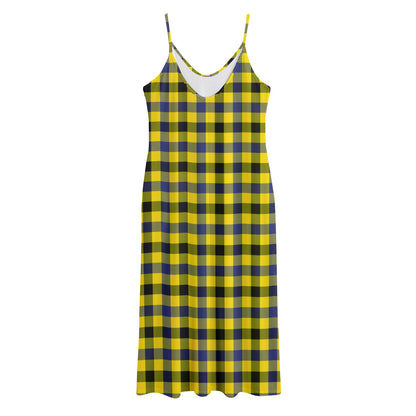 Yellow Black And Navy Plaid Print Jersey Midi Cami Dress